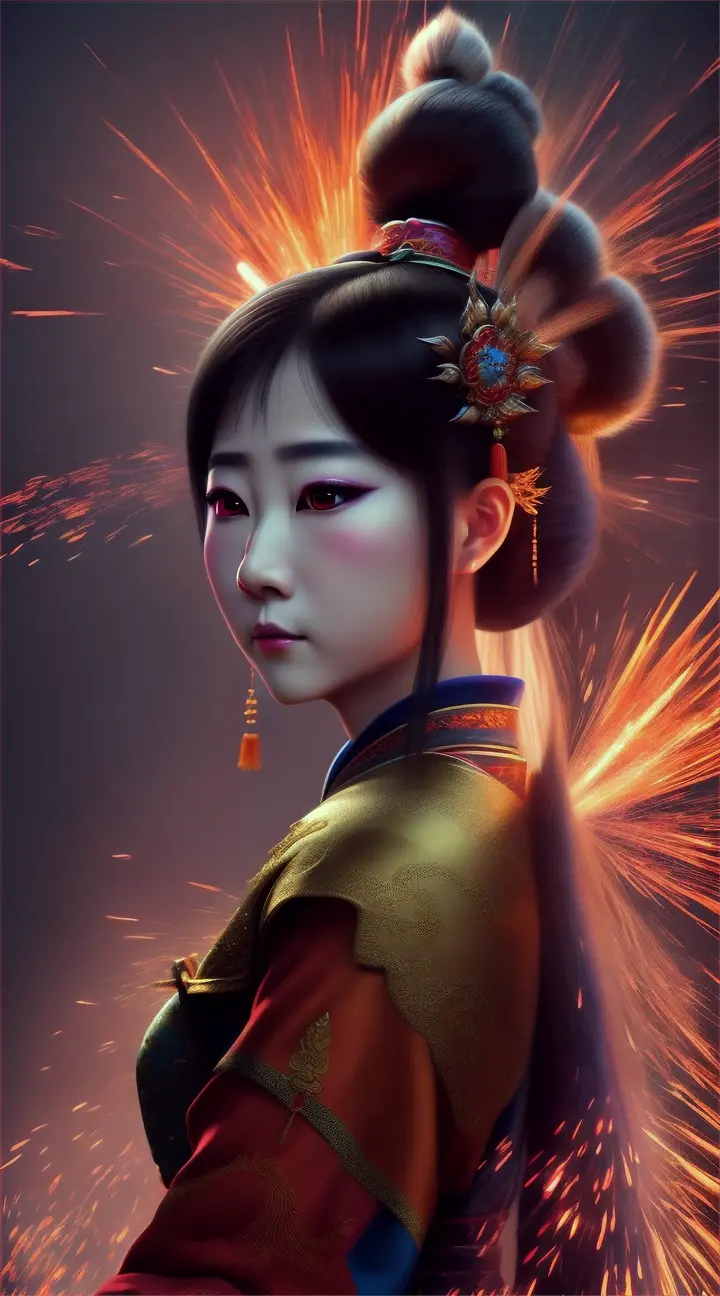 A beautiful and brave Chinese princess dressing a warrior, fire in the background