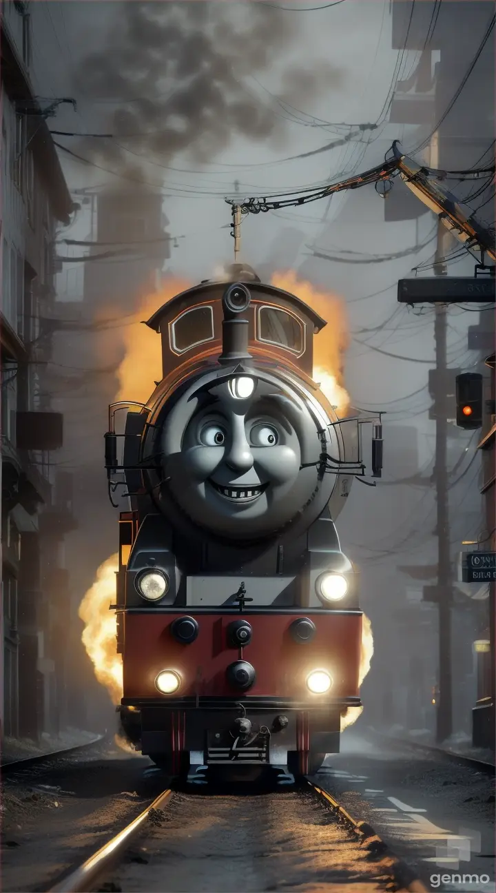 create a masterpiece video of a animated THOMAS THE (TRAIN) with spider legs and OX HORNS, creepy eyes, sharp teeth, white long hair on train face,TEETH train