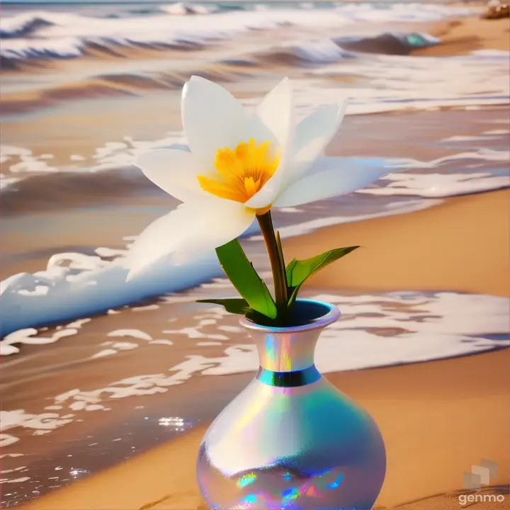 A single white flower in an iridescent vase on a beach, backdropped by blue waves and crashing foam