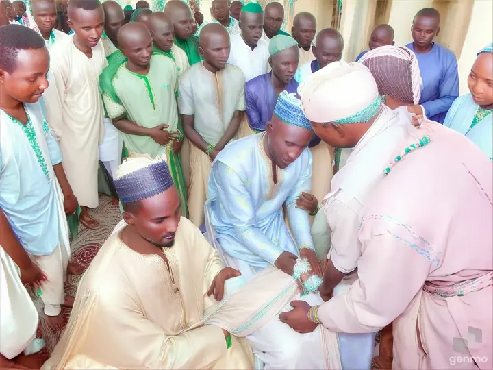 a group of people standing around a man getting married in hausa land