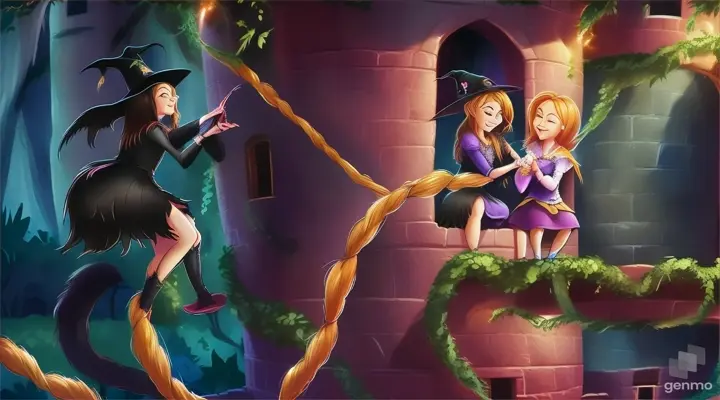 a cartoon of a witch and a witch on a castle