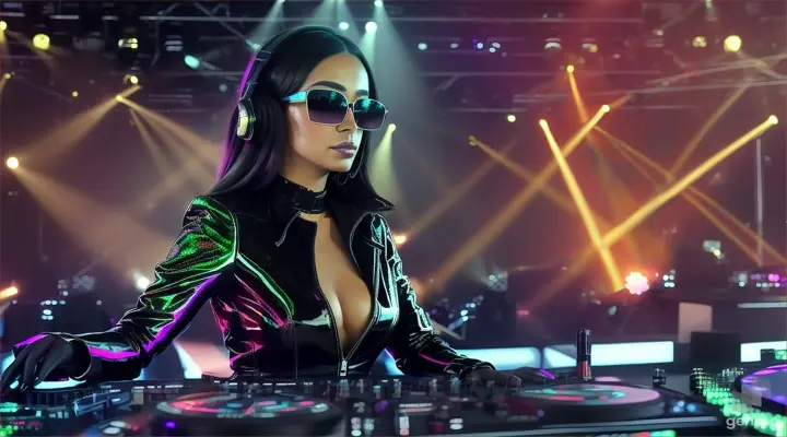 A female DJ in sunglasses, sparkling headphones and a latex jumpsuit with a large neckline plays techno music on a mixing console for a lot of people in the club. Laser beams of bright colors on the background of large television screens.