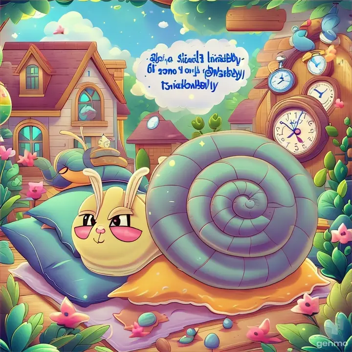 a snail is sleeping on a pillow with a clock in the background