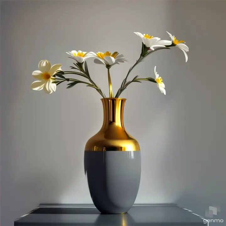 minimalist pot-bellied tall gold metallic vase with a narrow neck. on gray background. A single white flower in it.