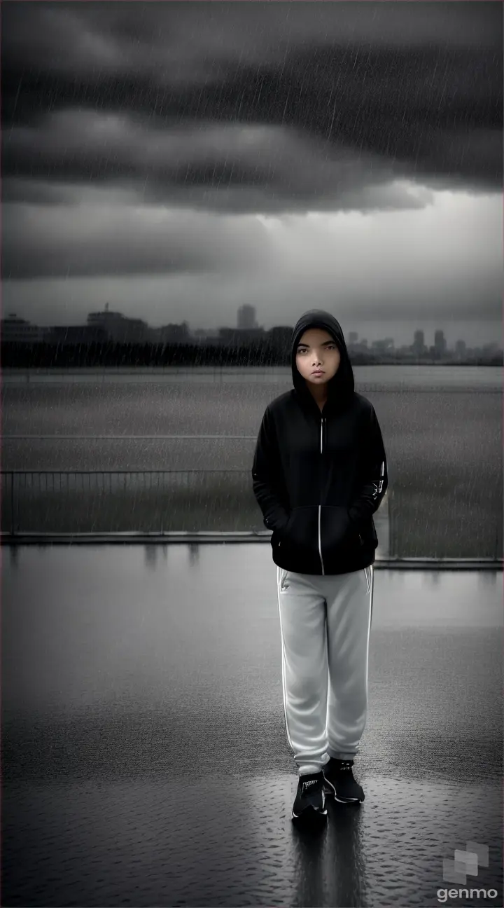 A slim and smart girl wearing a jogging track suit of black clour and white joggers waiting under a tree for a heavy rain storm to stop