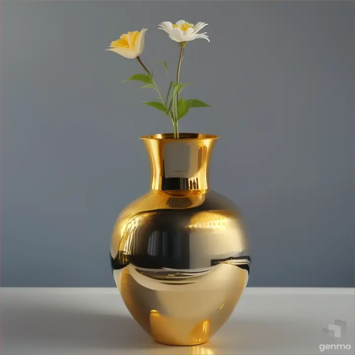 minimalist pot-bellied vase with a narrow neck, tall gold metallic vase. on gray background. A single white flower in it.