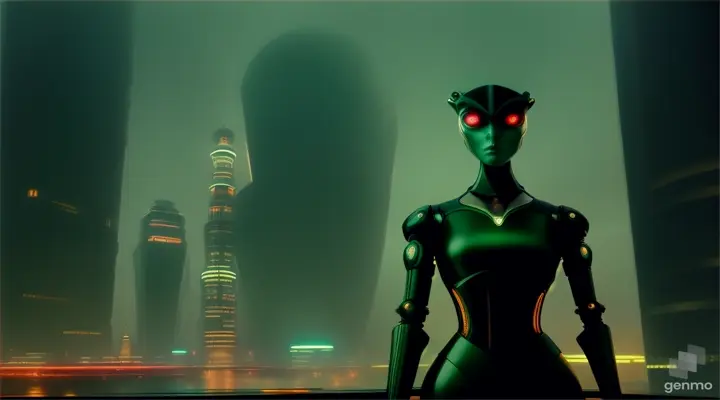 An anthropomorphic, biomechanical hybrid of a human and a sewing machine is seen in a cinematic frame following the rule of thirds. The man looks around with eyes that pulsate with green light against the backdrop of modern urban Russia in 1986. The scene is set against a surreal backdrop.