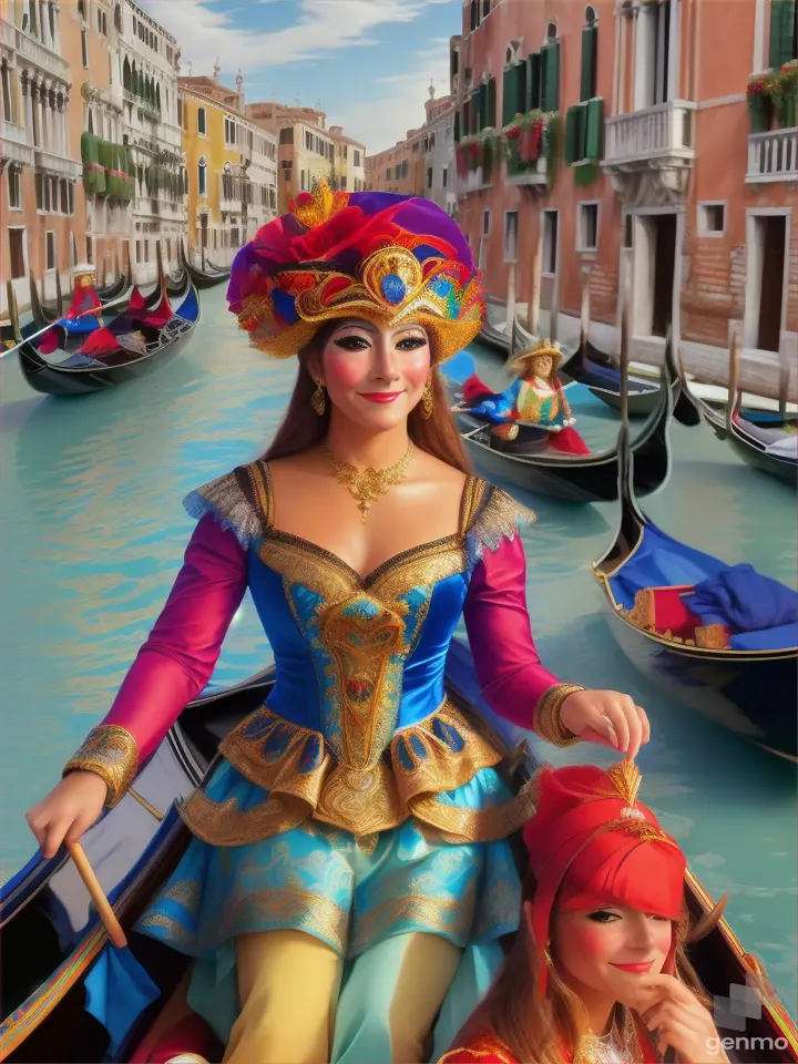 A gondola with a gondoler and two ladies dressed for carnival celebration on the Grand Canal of Venice.