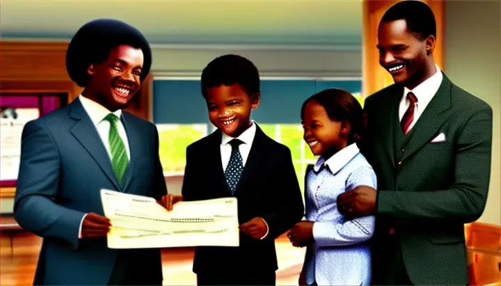 An African American man in a suit stands proudly holding a property deed. He smiles and presents the deed to a happy family of four.