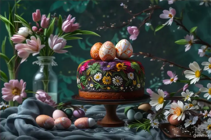 a cake decorated with flowers and eggs on a table