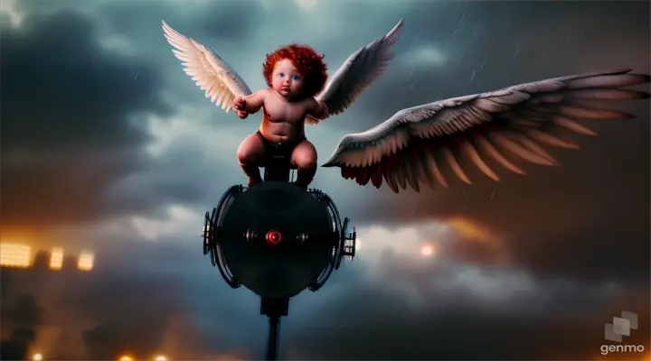 A hyperrealism cinematic film still, a small naked chubby cherub with white wings, curly short curly red hair, blue eyes, a large Gatling machine gun in his hands, flies over the dark street of a night-time dystopian gloomy metropolis, and looks down.