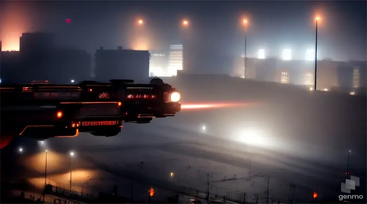 A hyperrealism cinematic film still, a small naked chubby cherub with white wings, curly short curly red hair, blue eyes, a large Gatling machine gun in his hands, flies over the dark street of a night-time dystopian gloomy metropolis, and looks down.