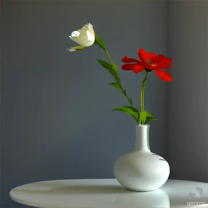 minimalist SOLID WHITE COLOR VASE. A single RED flower in it.