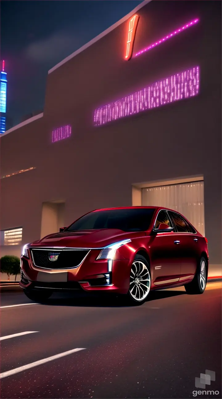 Front view, Burgundy Cadillac CT4 stands in the city at night on the side of the road with the headlights on, the moon, stars, cinematic.