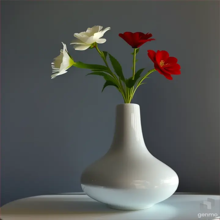 minimalist SOLID WHITE COLOR VASE. A single RED flower in it.