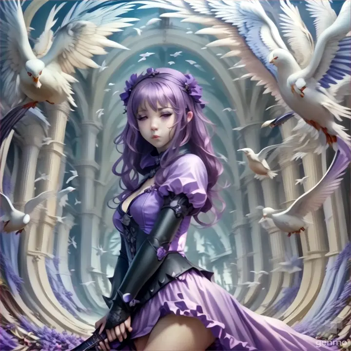 a woman in a purple dress holding a sword