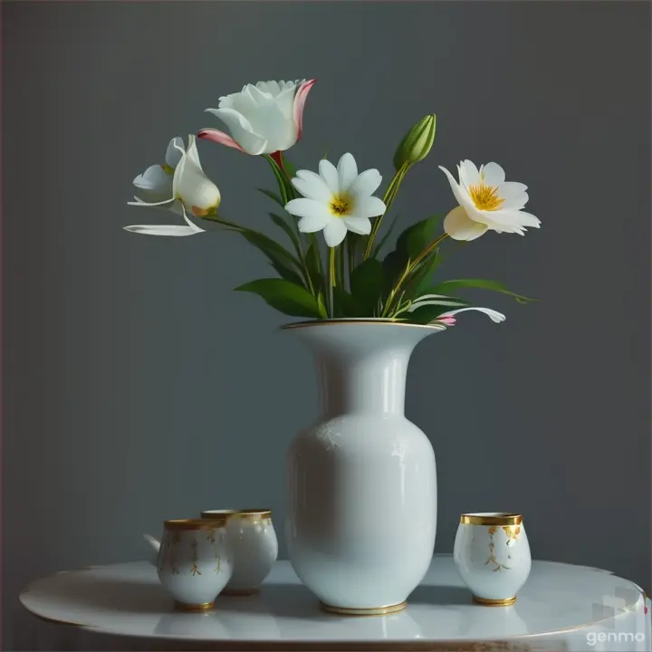 a white vase with three flowers in it