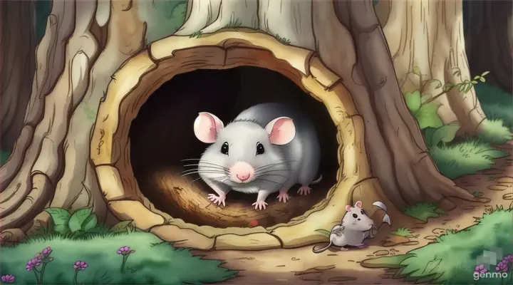 a playfull cartoon of a rat in a tree hole in a forest in 16:9 ratio