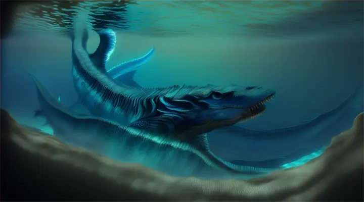 leviathan creature, blue color, swimming lower level of the ocean, 