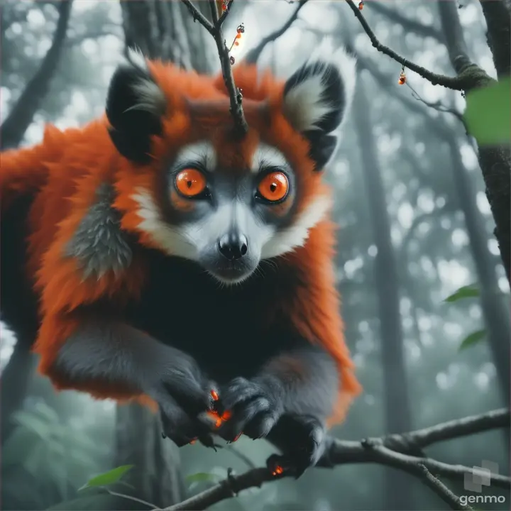 an unknown orange lemur with red eyes hanging upside down, holding a green and orange diamond, in the foggy forest. make it scary