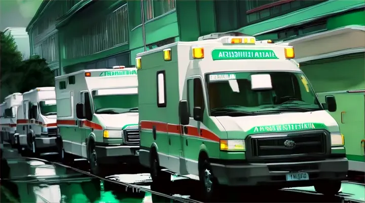 a painting of ambulances parked outside of a hospital on a green night