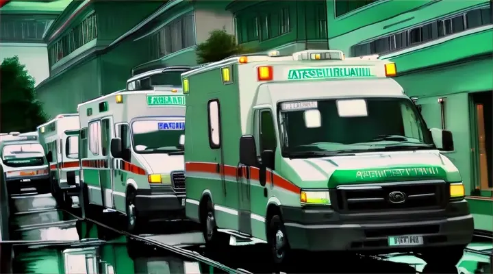 a painting of ambulances parked outside of a hospital on a green night