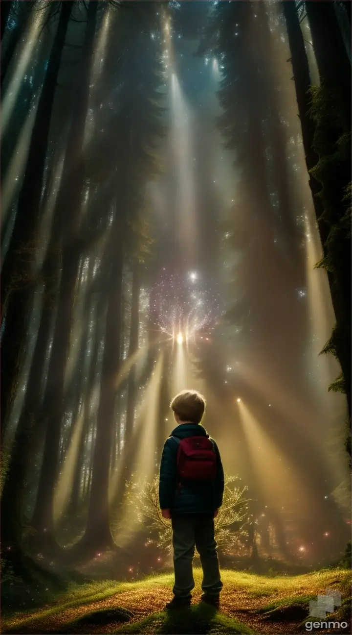 A whimsical version of the boy in a forest clearing where he is surrounded by twinkling lights and glitter.