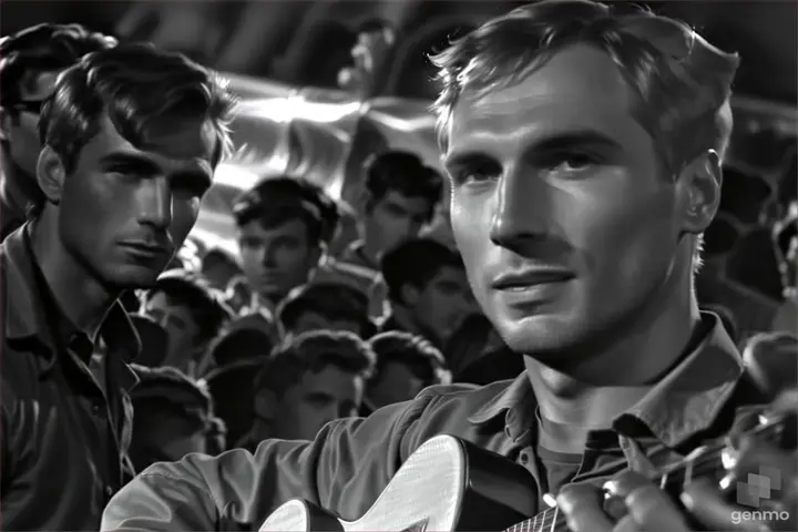 a man is holding a guitar in a black and white photo