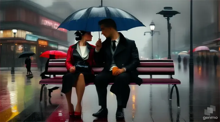 A man and a women sitting on a bench under a vibrant umbrella on a rainy day