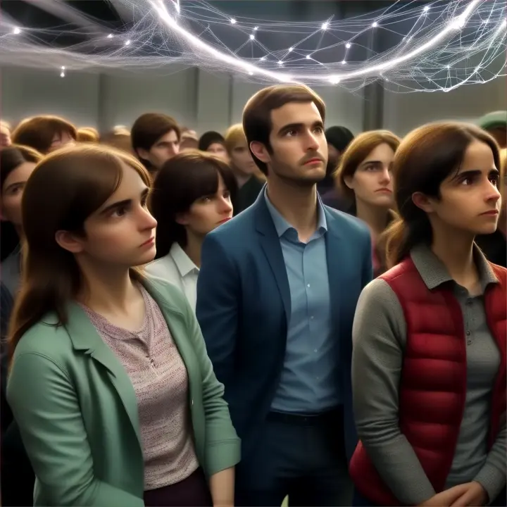 Showing a crowded room where people interact but remain emotionally distant, emphasizing the feeling of being ensnared in a tangled web of emotions.