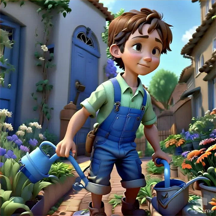 a young boy watering flowers in a garden