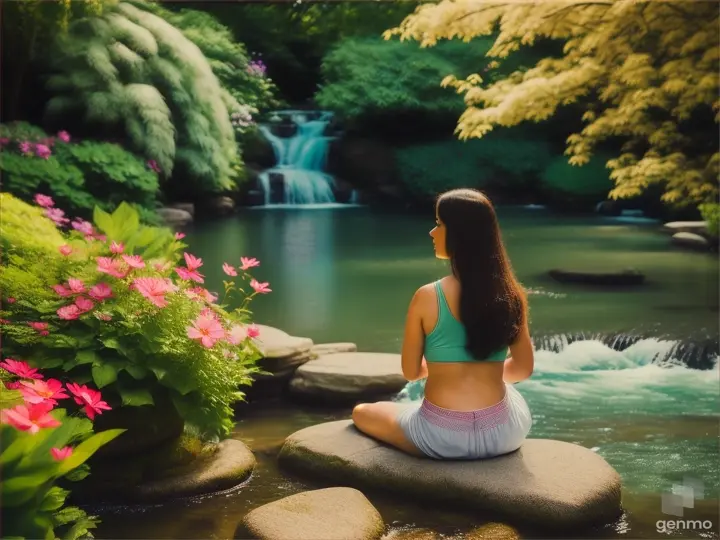 Woman seating in garden near river