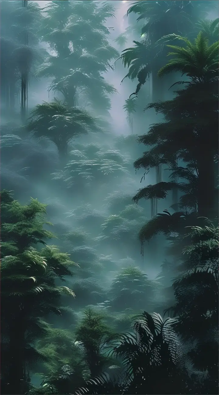 a forest filled with lots of trees and plants,a prehistoric forest shrouded in mist,