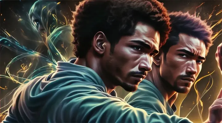 A close-up of the man protagonist's face, now filled with determination and resilience, as they continue to dance through the journey of life.