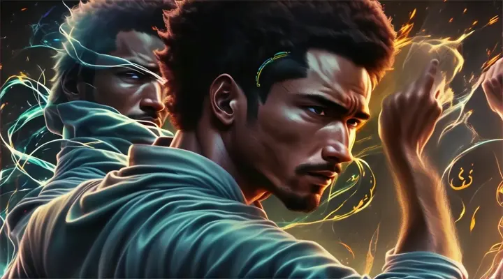 A close-up of the man protagonist's face, now filled with determination and resilience, as he continues to dance through the journey of life.