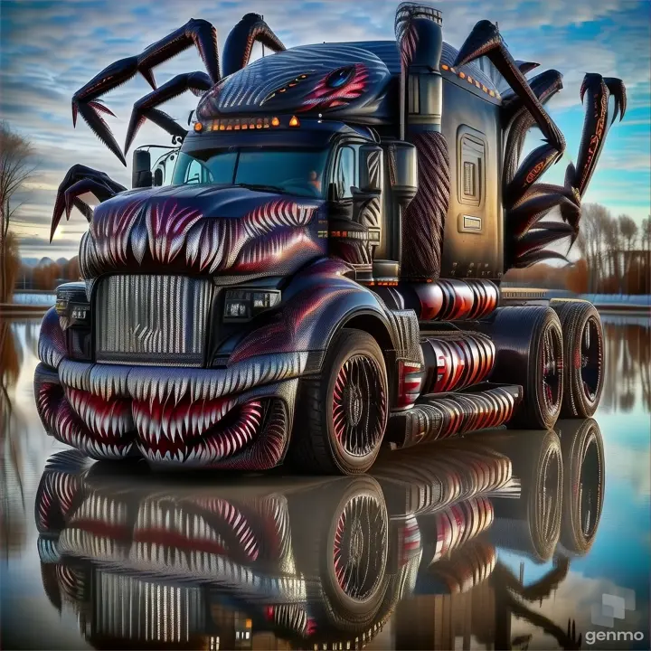 a semi truck with a monster like design on the front