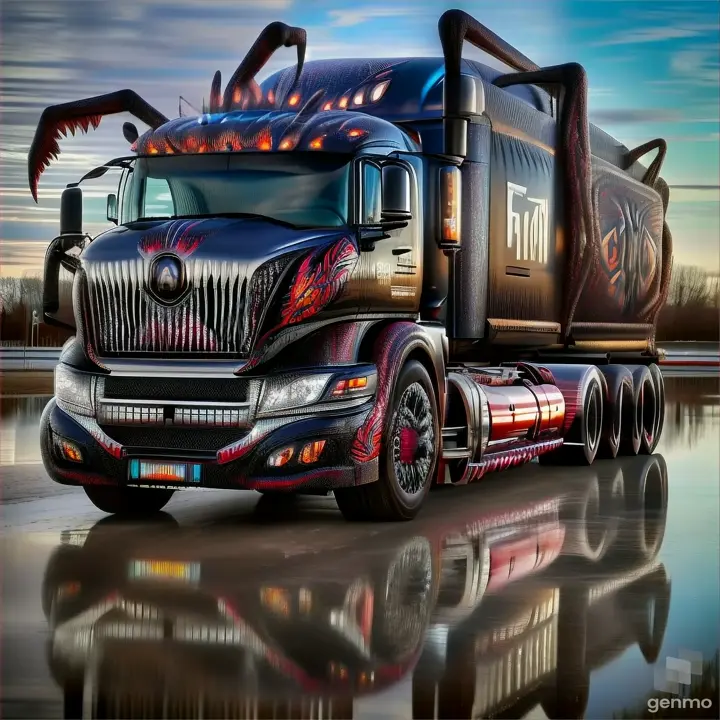 a semi truck with a monster like design on the front