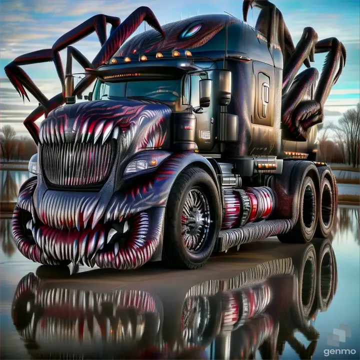 a semi truck with a monster like design on the front