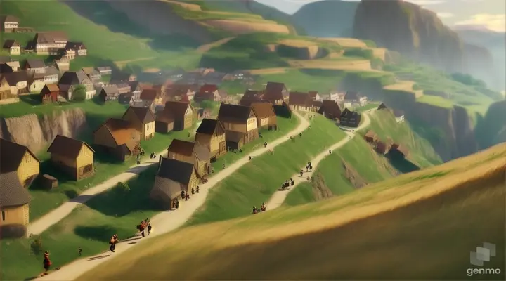 make an animated video of: the villagers dropping what they were doing and rushing to the hillside 