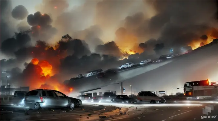 高速公路塌陷 汽车跌落爆炸起火 直升机救援 交通混乱 城市毁灭  