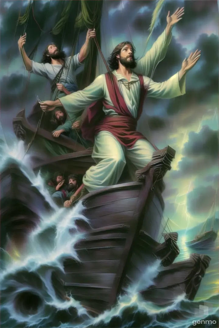 a painting of jesus on a boat in a storm