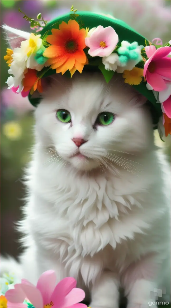 Cute white kitten with green hat surrounded by colorful flowers, wearing a flower crown