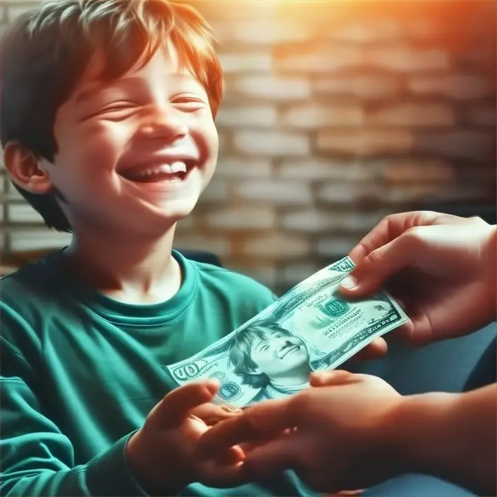 a young boy smiling and holding a money bill