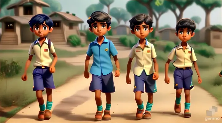 a group of young boys walking next to each other. Through his inspirational story, Rahul inspired every child of his village to walk together towards their dreams. His success shows him that it is possible to achieve dreams despite any struggles.
