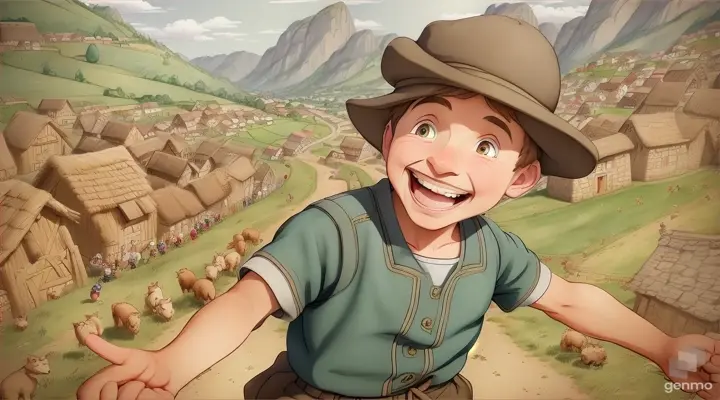 make an animated video of  Peter, a boy who is a shepherd laughing at the seven village men and mocking them. they all are at the hillside