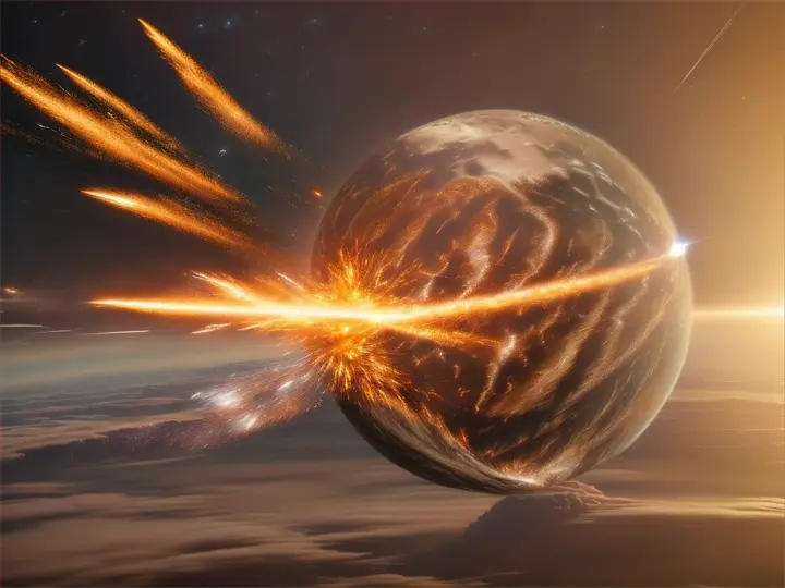 a meteorite striking the Earth, Pterodactylus flying under the explosion, 