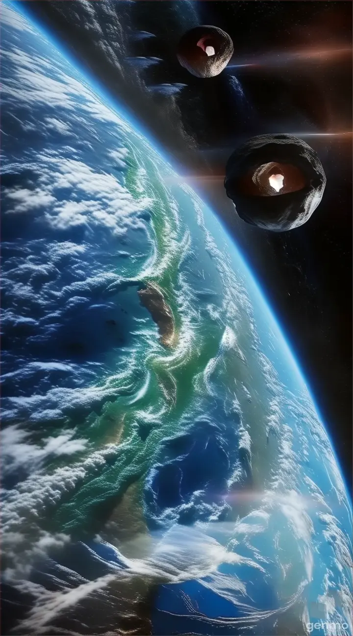 Earth seen from space, with the asteroid approaching on the horizon.