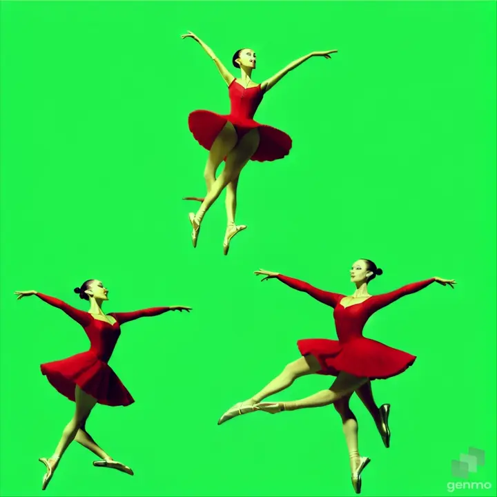 from the distance a beautiful young ballerina in a short light red costume on pointe shoes in the role of the Spanish Carmen in full growth. arms are raised and joined above the head. coming. overall plan. 3/4 front view. photorealism. 4K quality. green chromakey