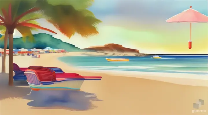 A very vintage Watercolor american kitsch art style 1950s Commercial Illustration of a beach scene, clean lines, simplified, Americana, whimsicaln, vibrant, cheerful, nostalgic, Iconic, flat colors, dynamic, Retro, Vintage Summer beach themed, colorful.,16:9