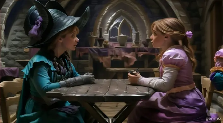 a woman sitting at a table talking to another woman